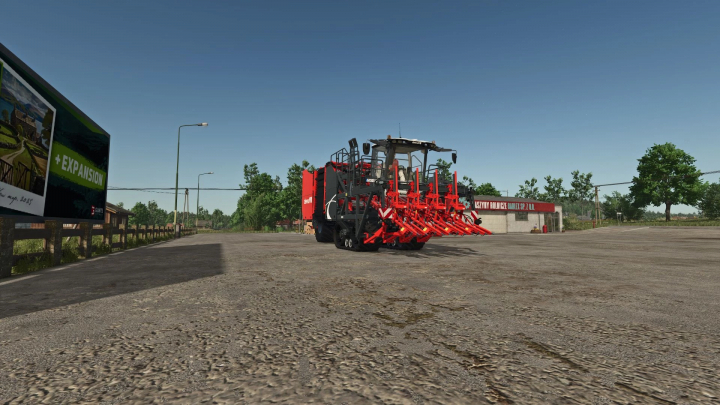 fs22-mods,  Dewulf ZKISVE harvester mod for Farming Simulator 22 in a parking area, showcasing red and black design.