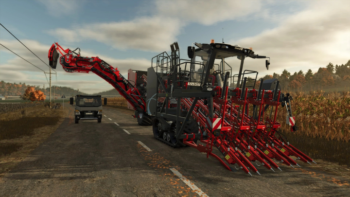 fs25-mods,  The Dewulf ZKIVSE potato harvester mod in Farming Simulator 25 shown on a rural road.