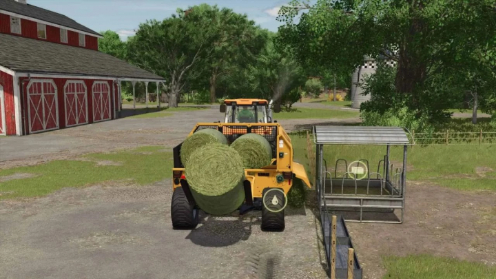 fs25-mods, Elmer's Ravage straw blower in FS25 loading hay bales next to a barn.