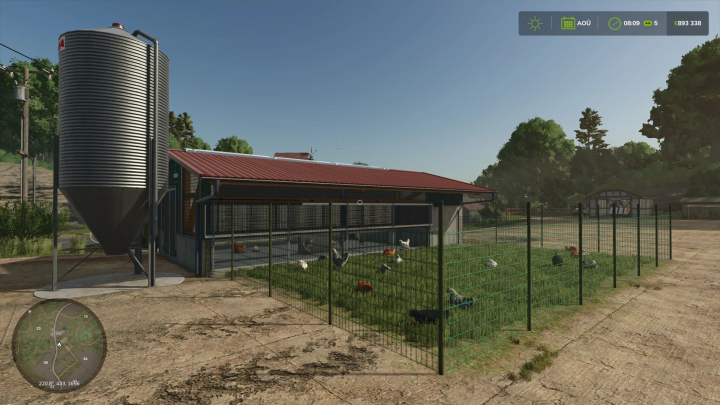 fs25-mods, FS25 mod showcasing Enclos pour les poules v1.0.0.0 with a chicken coop and feed silo under a clear blue sky.