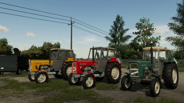 fs22-mods, Three Ursus C360 tractors in different colors displayed in FS22 mod, showcasing Farming Simulator 22 customization options.