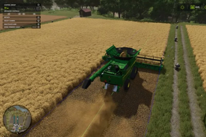 fs25-mods,  Combine harvester collecting straw on a field in FS25 mod 'Collect Straw At Missions'.