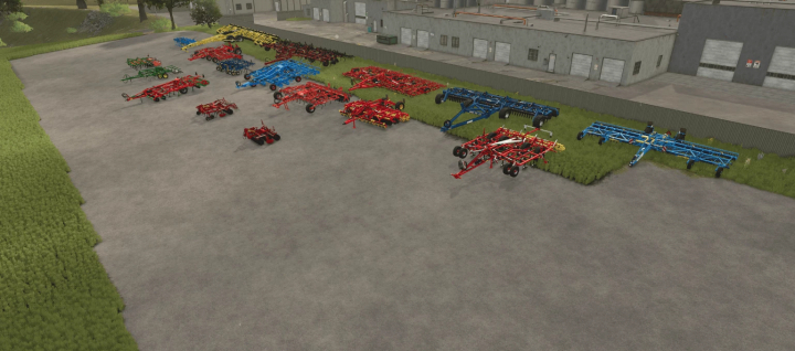 fs25-mods,  FS25 CultiPlow Pack v1.0.0.0 showcasing various plows on a concrete lot in Farming Simulator 25 mods.