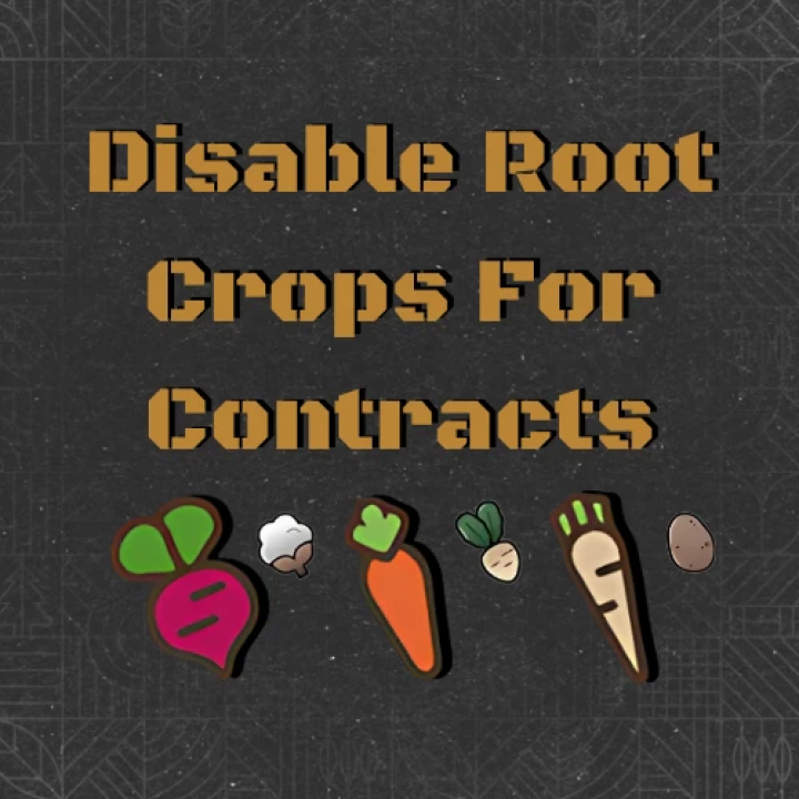 fs25-mods,  FS25 Disable Root Crops For Missions v1.0.0.0. Image features icons of root crops like beets and carrots for Farming Simulator 25 mods.