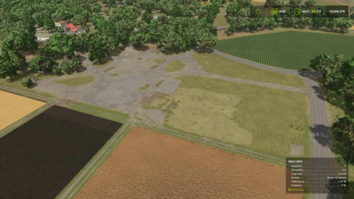 fs25-mods,  FS25 Empty farm lot Riverbend Springs mod shows a large cleared field surrounded by trees, with nearby cultivated land, in Farming Simulator 25.