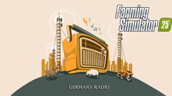 fs25-mods,  FS25 Germany Radio mod: vintage radio, radio towers, farm animals, and tractor, enhancing Farming Simulator 25 experience.