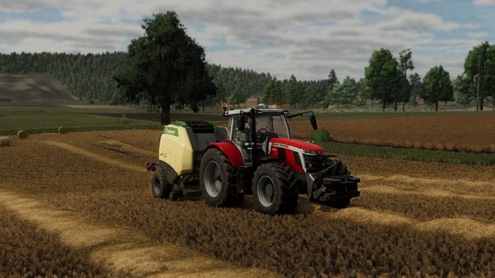 fs25-mods,  FS25 mod: Tractor baling hay on a field in Farming Simulator 25, showcasing FS25 Shadery Gubiego v1.0.0.0.