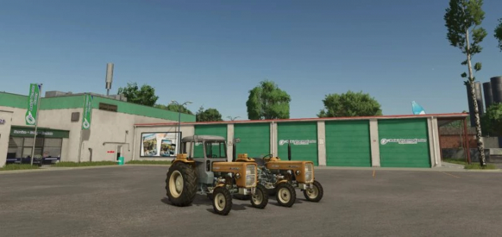 fs25-mods,  FS25 URSUS C360 mod v1.0.0.0 displayed in a Farming Simulator 25 environment, featuring tractors outside a dealership.