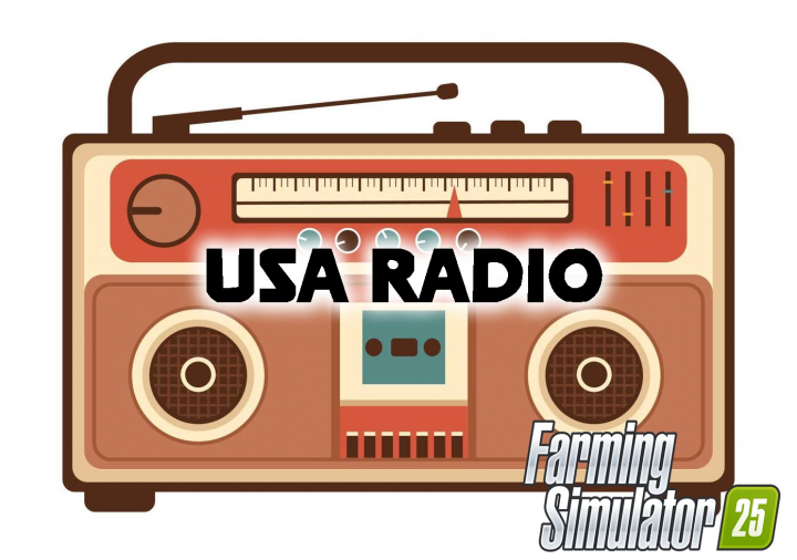 fs25-mods,  FS25 USA Radio-mod voor Farming Simulator 25 met een vintage radio en dikke letters.