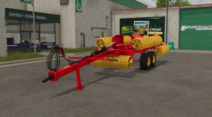 fs25-mods, FS25 Vaderstad Rexius mod in Farming Simulator 25, featuring vibrant red and yellow farm equipment in a service area.