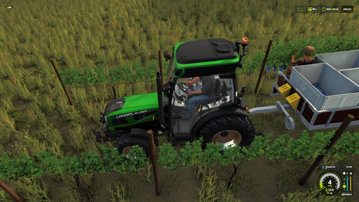 fs25-mods,  FS25 mods featuring a green tractor with the FS25_VineHandHarvestTrailer in a vineyard. Farming Simulator 25 vineyard scene.