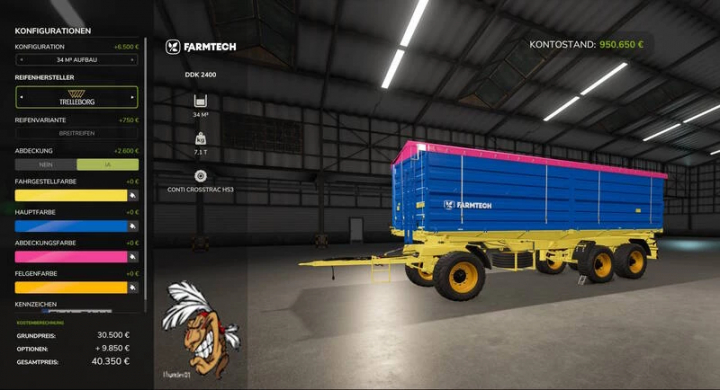 fs25-mods,  FS25 mod Farmtech Th01 trailer aanpassingsscherm met kleur- en configuratieopties.