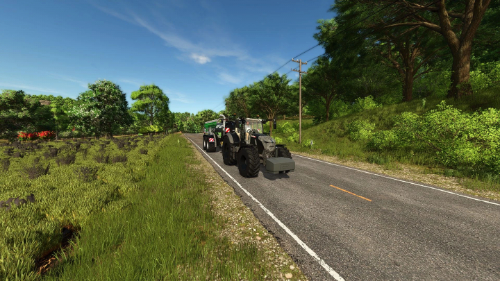 fs25-mods,  A tractor on a country road in FS25 using First Reshade mod v1.0.0.0, showcasing enhanced graphics with lush greenery.