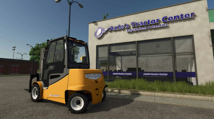 fs25-mods, FS25 mod Forklift Rental v1.0.0.0 featuring a yellow forklift outside Axle's Tractor Center.