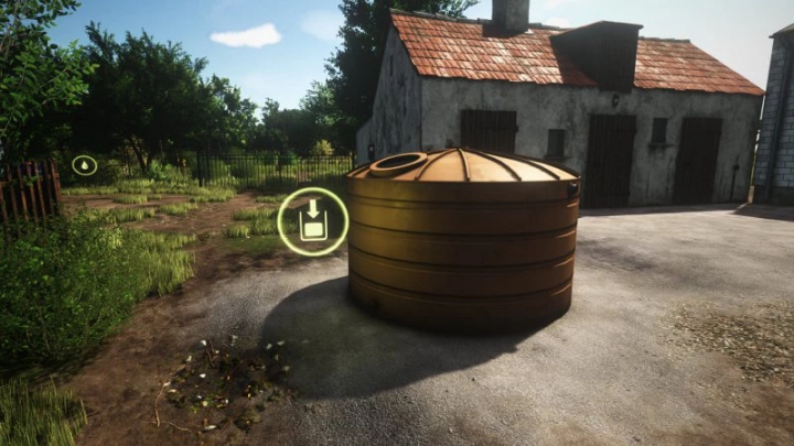 fs25-mods,  FS25 mods: Free Water Tank v1.0.0.0 in Farming Simulator 25 set in a farmyard with surrounding greenery.