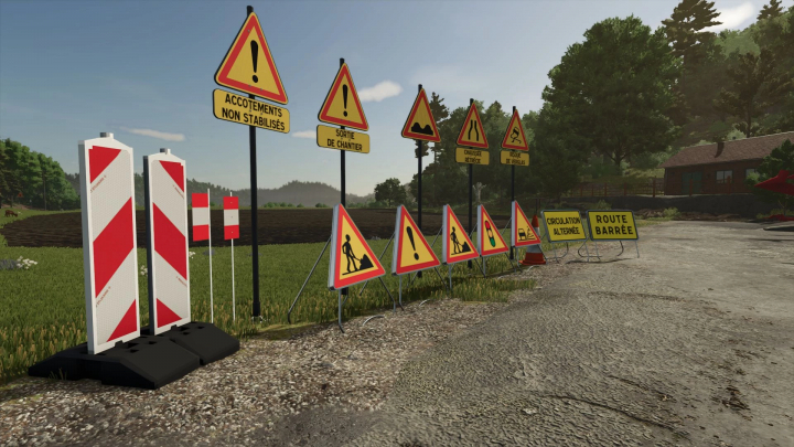 fs25-mods,  FS25 mod showing French temporary road signs on a rural path.