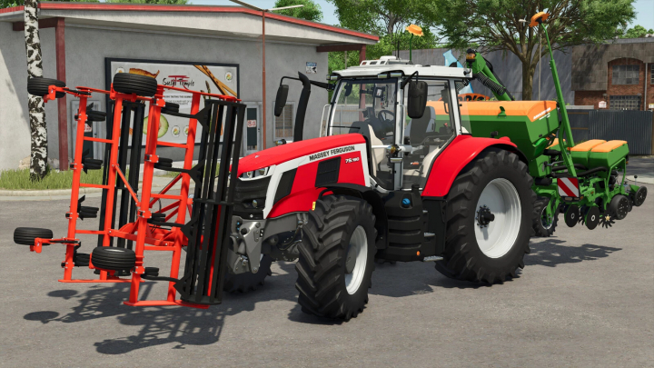 fs25-mods, FS25 mod: Front Cultivator v1.0.0.0 attached to a tractor in Farming Simulator 25.