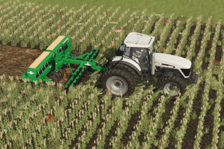 fs25-mods,  FS25 mod: Great Plains 1500 No-till Drill in use with tractor on a field, Farming Simulator 25.