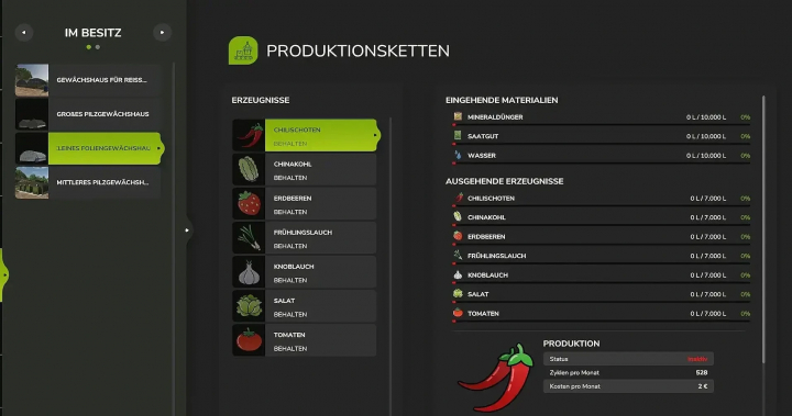 fs25-mods, FS25 mod Greenhouses v1.0.0.0 production menu displaying crops and resources.