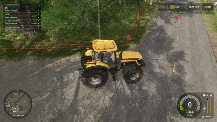 fs25-mods,  Mod FS25 Helpername Helper v1.0.0.0 con tractor amarillo en la carretera, interfaz mostrando tarea completada.