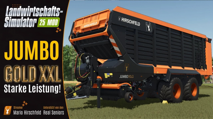 fs25-mods,  FS25 mod Hirschfeld Jumbo Gold XXL trailer displayed in Farming Simulator 25.