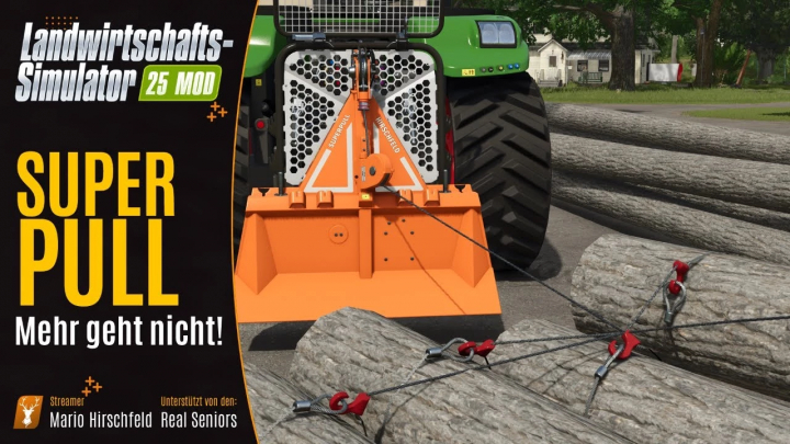 fs25-mods,  FS25 mod Hirschfeld Superpull v1.0.0.0 showing heavy-duty equipment pulling logs in Farming Simulator 25.