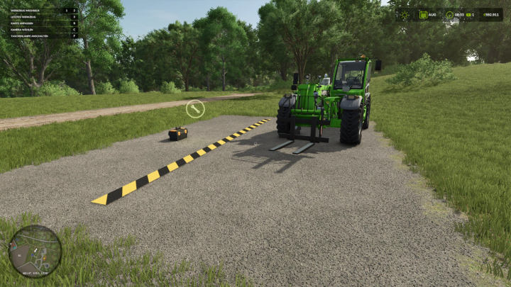 fs22-mods, FS22 mod HoT Workshop v1.0.0.0 showing a green tractor on a paved area with a tool box and yellow-black markers.