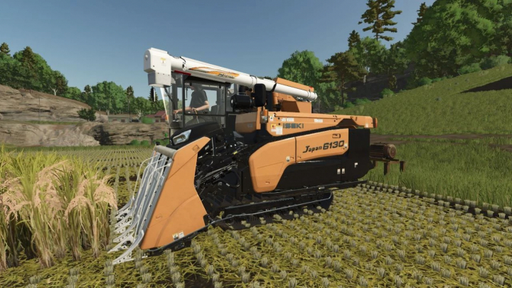 fs25-mods,  FS25 Iseki HJ6130 mod harvesting rice in Farming Simulator 25 field.