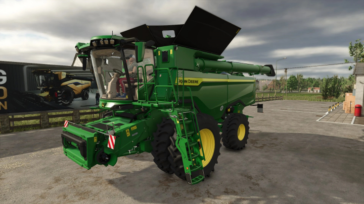 fs25-mods,  John Deere 7S Series mod for FS25 displayed in a farmyard, showcasing detailed machinery in Farming Simulator 25.