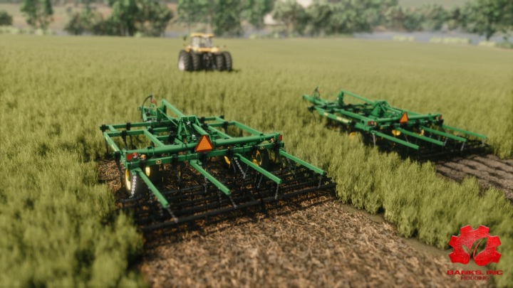 fs25-mods,  FS25-mod John Deere 980-cultivatoren op een weelderig veld, toont Farming Simulator 25 modding.