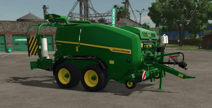 fs25-mods, John Deere C441R Nonstop baler mod for FS25 in a farm setting