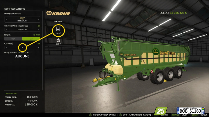 fs25-mods,  Mod Krone GX520+ Edizione John Deere in FS25, mostrato con capacità di 100m³ e ruote Trelleborg, prezzo di 155.000 €.