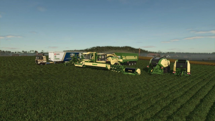 fs25-mods, FS25 Krone Pack v1.0.0.0 mod showcasing various Krone machinery on a field in Farming Simulator 25.