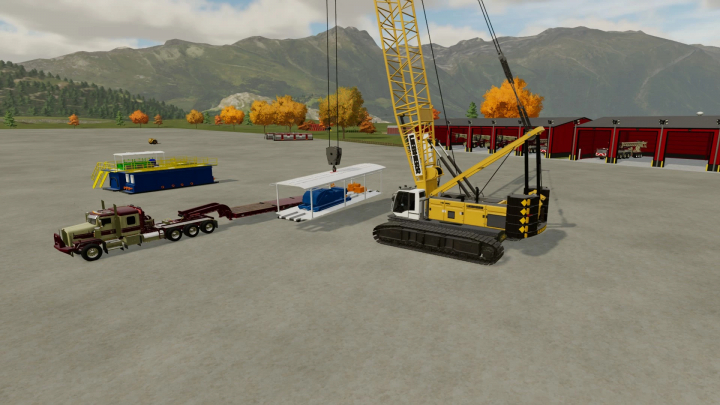 fs22-mods, FS22 mod Liebherr HS895 crane lifting structure near truck on farm.