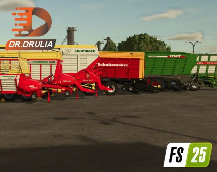 fs25-mods,  Loadin Wagon Pack v1.0.0.0 in FS25 includes branded wagons like Schuitemaker and Pottinger, showcased in a farm setting.