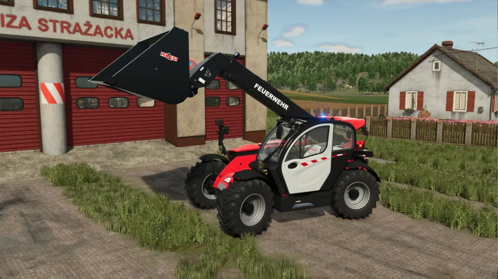 fs25-mods,  FS25 Manitou-brandweertelehandler mod geparkeerd buiten een brandweerkazerne.