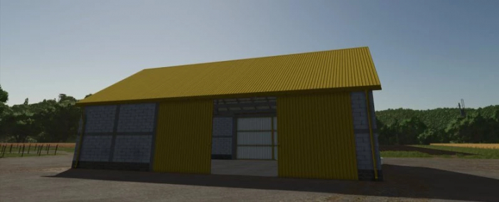 fs25-mods,  Mod Garage Gialla Media per FS25 con interno aperto, circondata da alberi e campi.