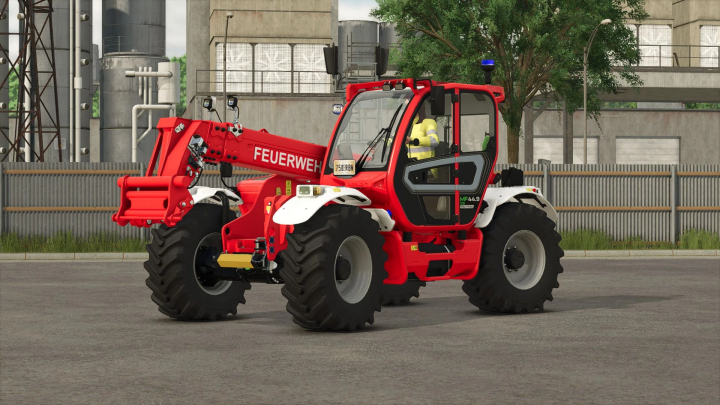 fs25-mods,  FS25 mod Merlo Multifarmer 449 Fire Department v1.0.0.0, a red telehandler in an industrial setting.