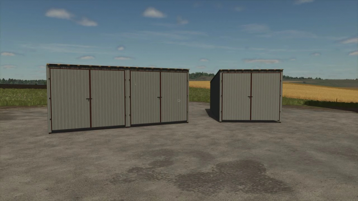 fs25-mods,  Image of metal garages pack mod in Farming Simulator 25, featuring three storage units on a rural landscape.