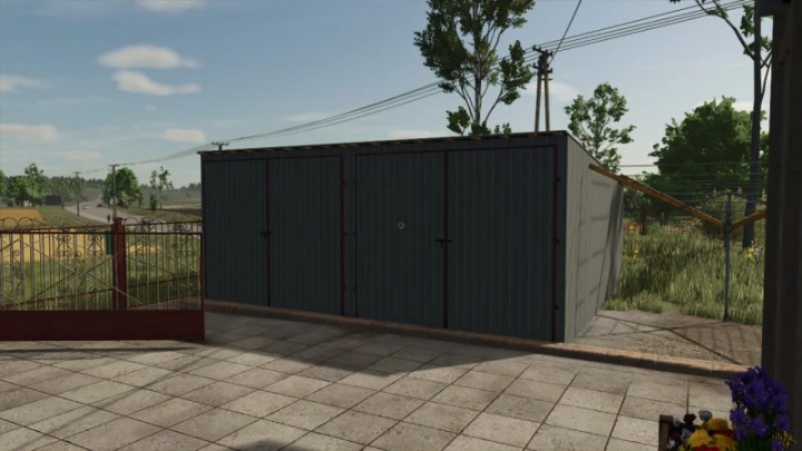 fs25-mods,  Farming Simulator 25 Metal Garages Pack showcasing a large grey metal garage on a farm.