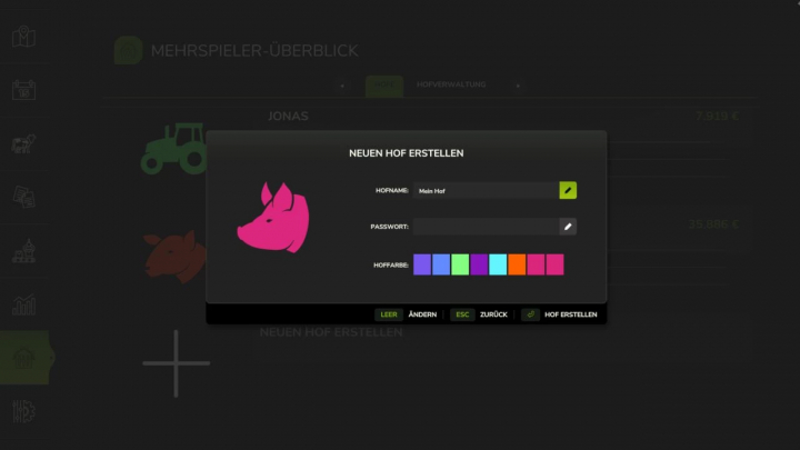 fs25-mods,  FS25-modinterface voor het creëren van een nieuwe boerderij in Multiplayer Farm Count Increased, met boerderijnaam, wachtwoord en kleurkeuzes.