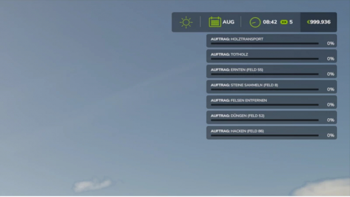 fs25-mods,  FS25 mod interface showing multiple missions list, including tasks like transport and harvesting, from the Multiple Missions v0.2 Beta mod.