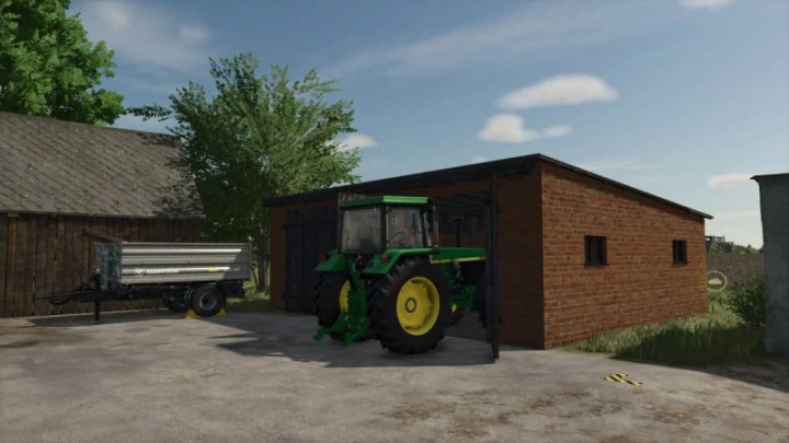 fs25-mods,  Old brick garage for FS25 mods with green tractor and trailer outside.