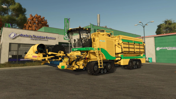 fs25-mods, Oxbo Pack v1.0.0.0 mod for FS25 featuring a yellow and green harvester outside Axle's Tractor Center.