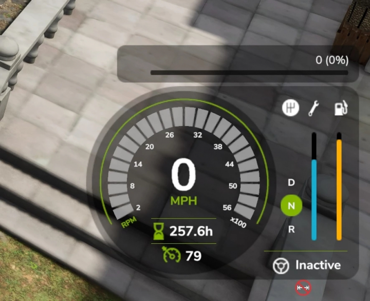 fs25-mods,  FS25 mod Park Vehicle v1.0.0.0 showing vehicle dashboard with speed and status indicators.