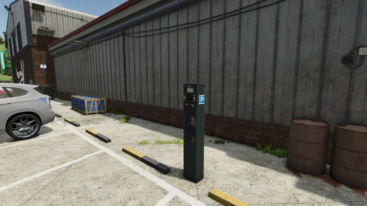 fs25-mods,  Parking meter mod in FS25 adds hourly income, placed near a car in a concrete lot.