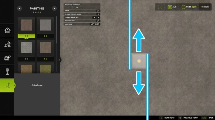 fs25-mods,  FS25 PerfectEdge mod v1.0.0.0 interface showing painting tool and animal mud texture selection.