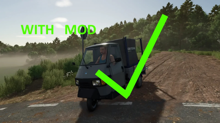 fs25-mods,  Piaggio Ape 50 mod in FS25, showing heavy load capability with green checkmark.