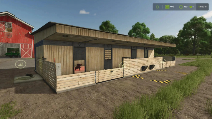 fs25-mods,  FS25 mod Pig barn v1.0.0.0 featuring a wooden structure near a red barn in Farming Simulator 25.