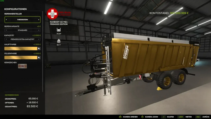 fs25-mods,  FS25 mod RamBody AS 750+ PBSMods Edition v1.0.0.0 trailer configuration in a garage.